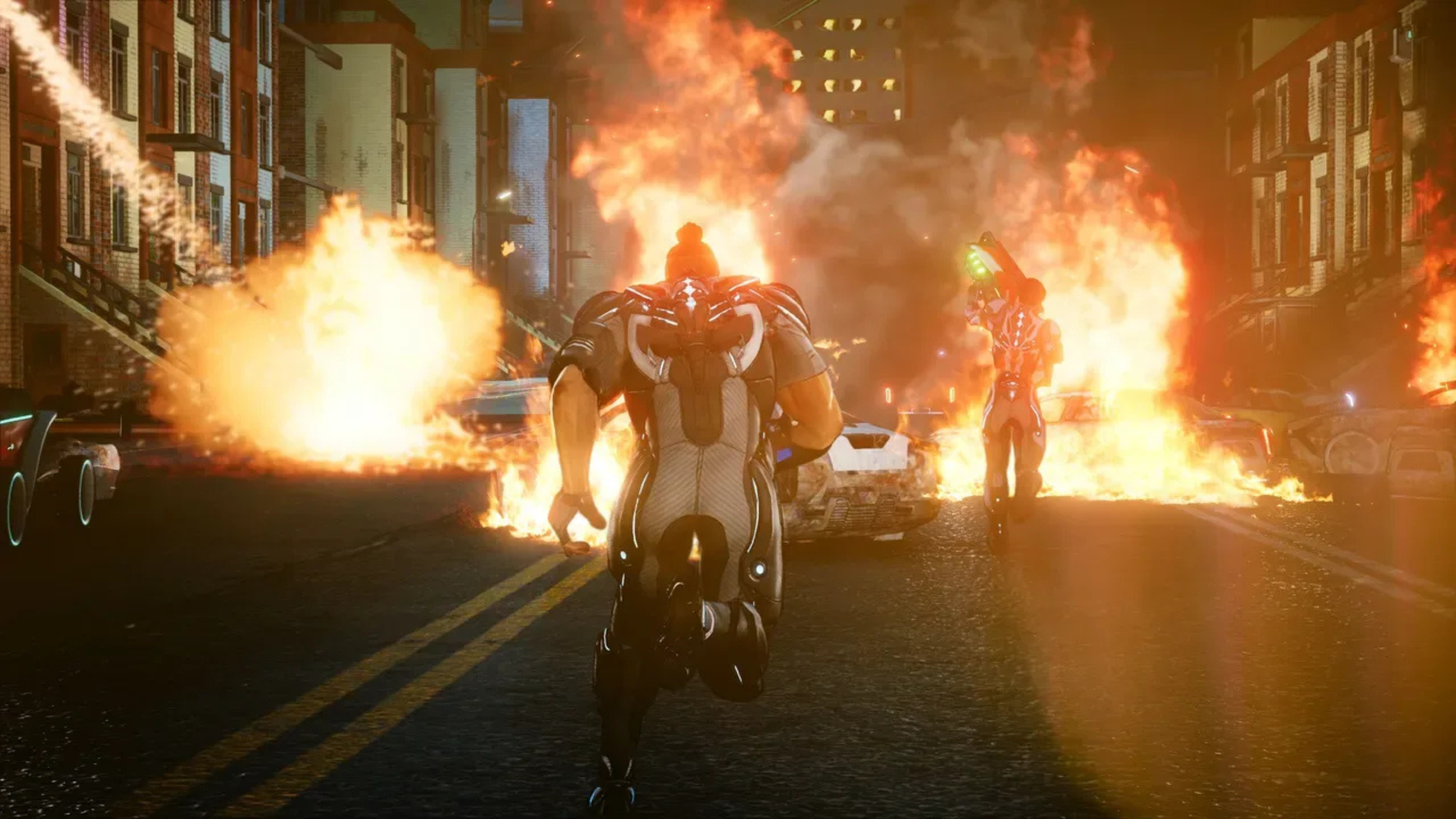 The protagonist running through fires on the street