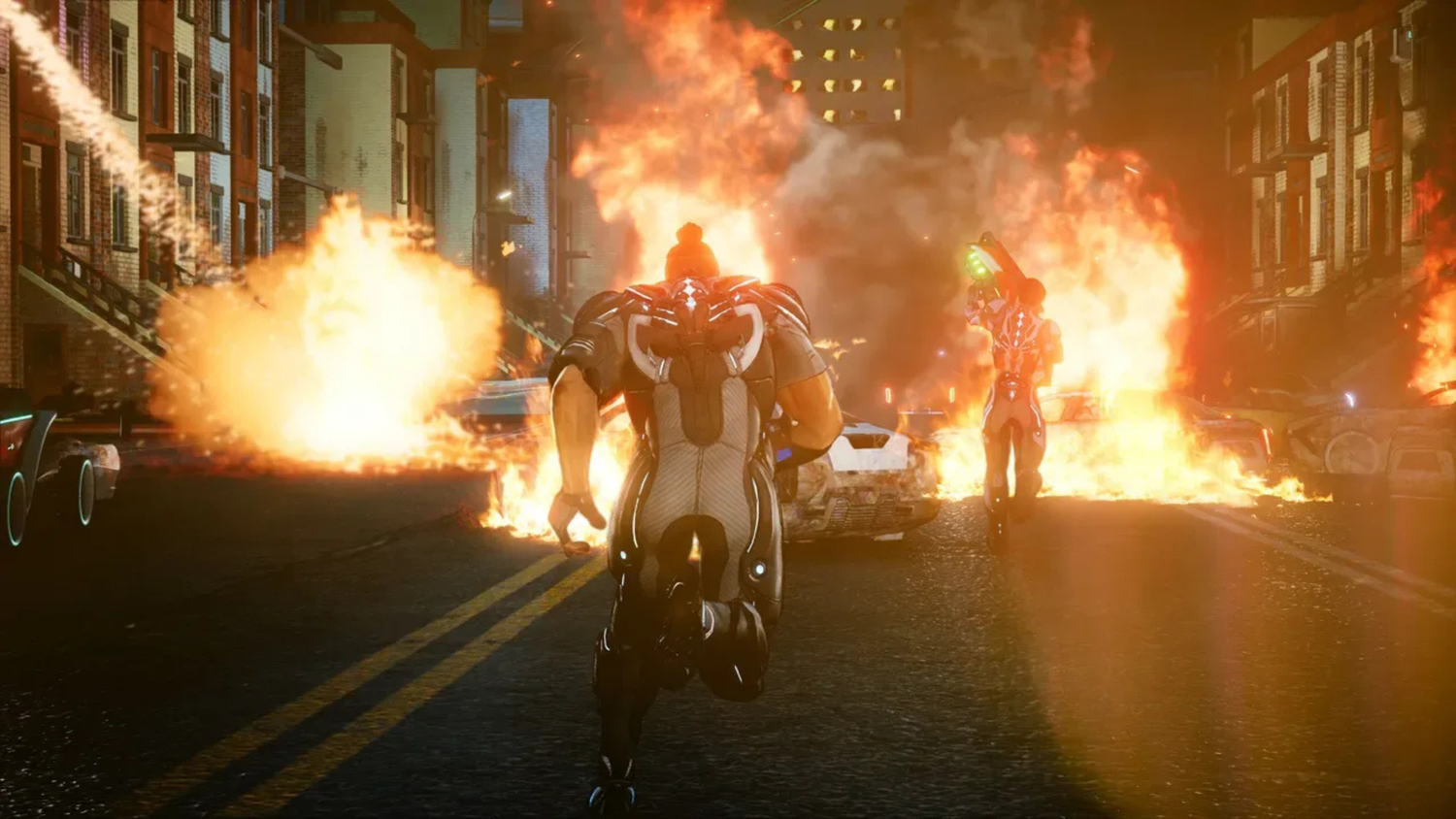 The protagonist running through fires on the street