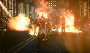 The protagonist running through fires on the street