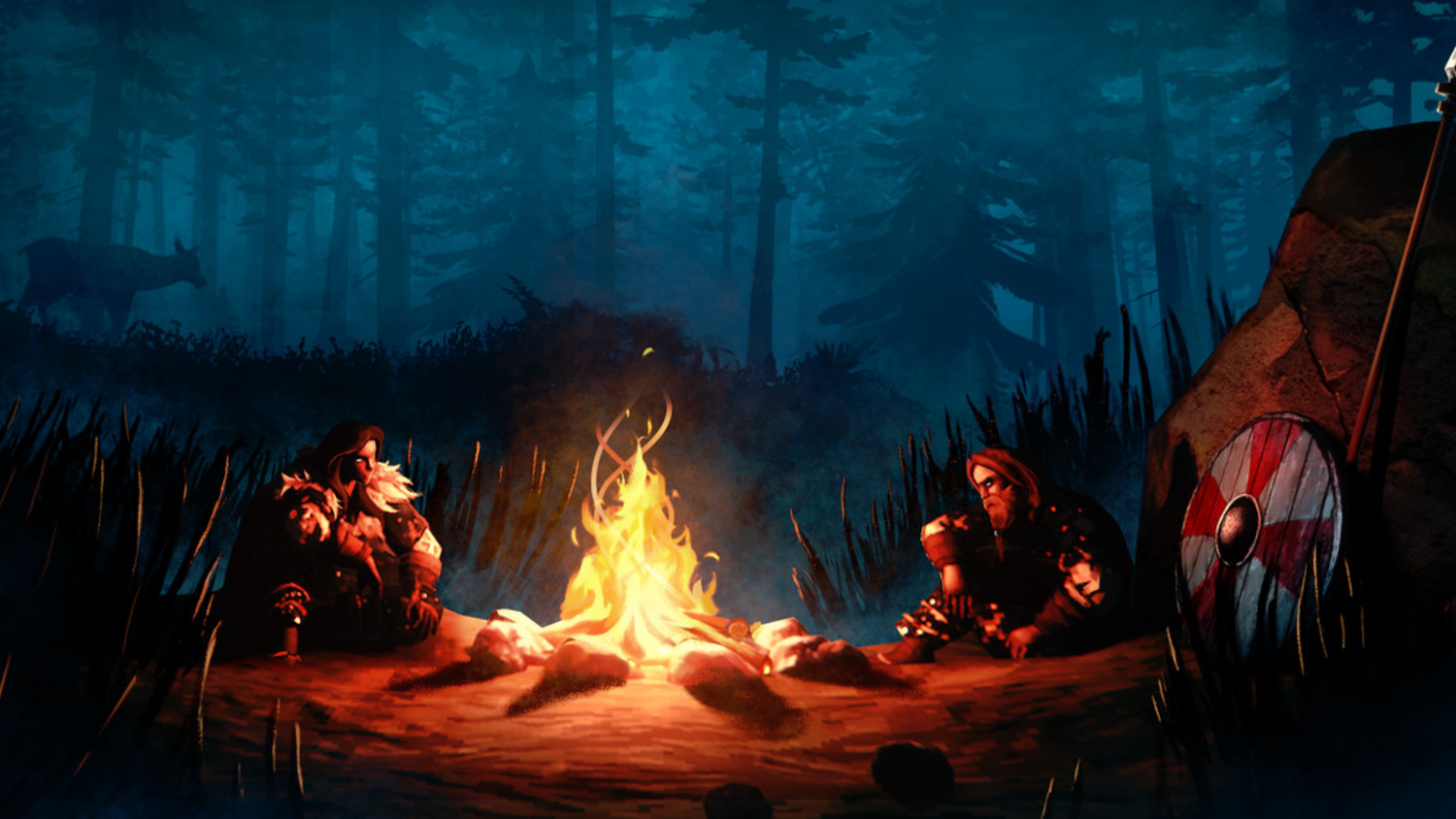 Two men sitting by a fire
