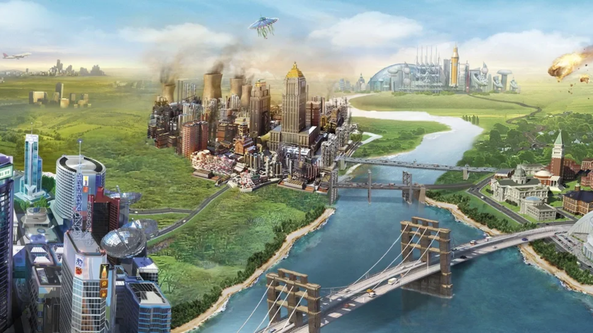 A city with a meteorite about to hit it