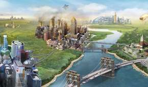 A city with a meteorite about to hit it
