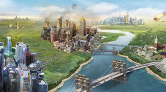 A city with a meteorite about to hit it