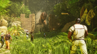 A dinosaur breaking through a wooden gate