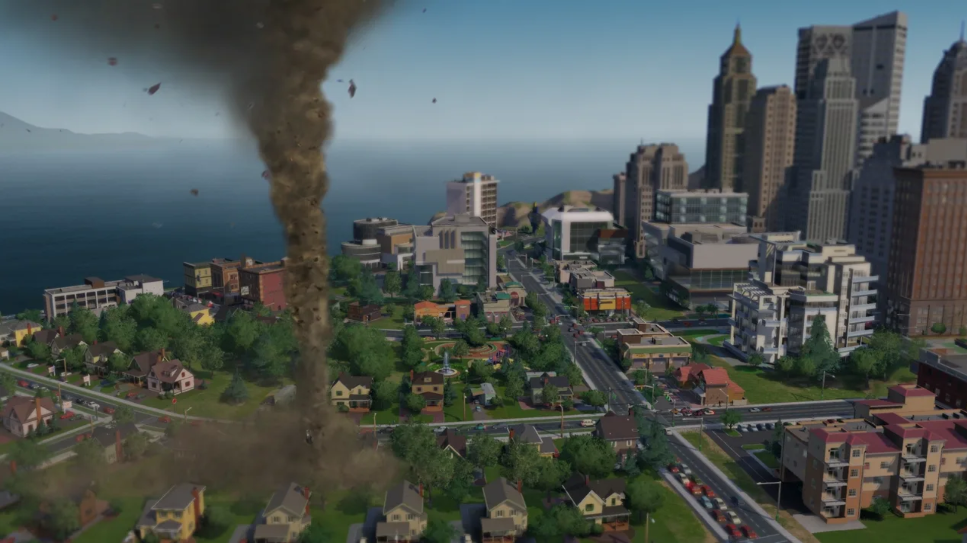 A tornado hitting a town in SimCity