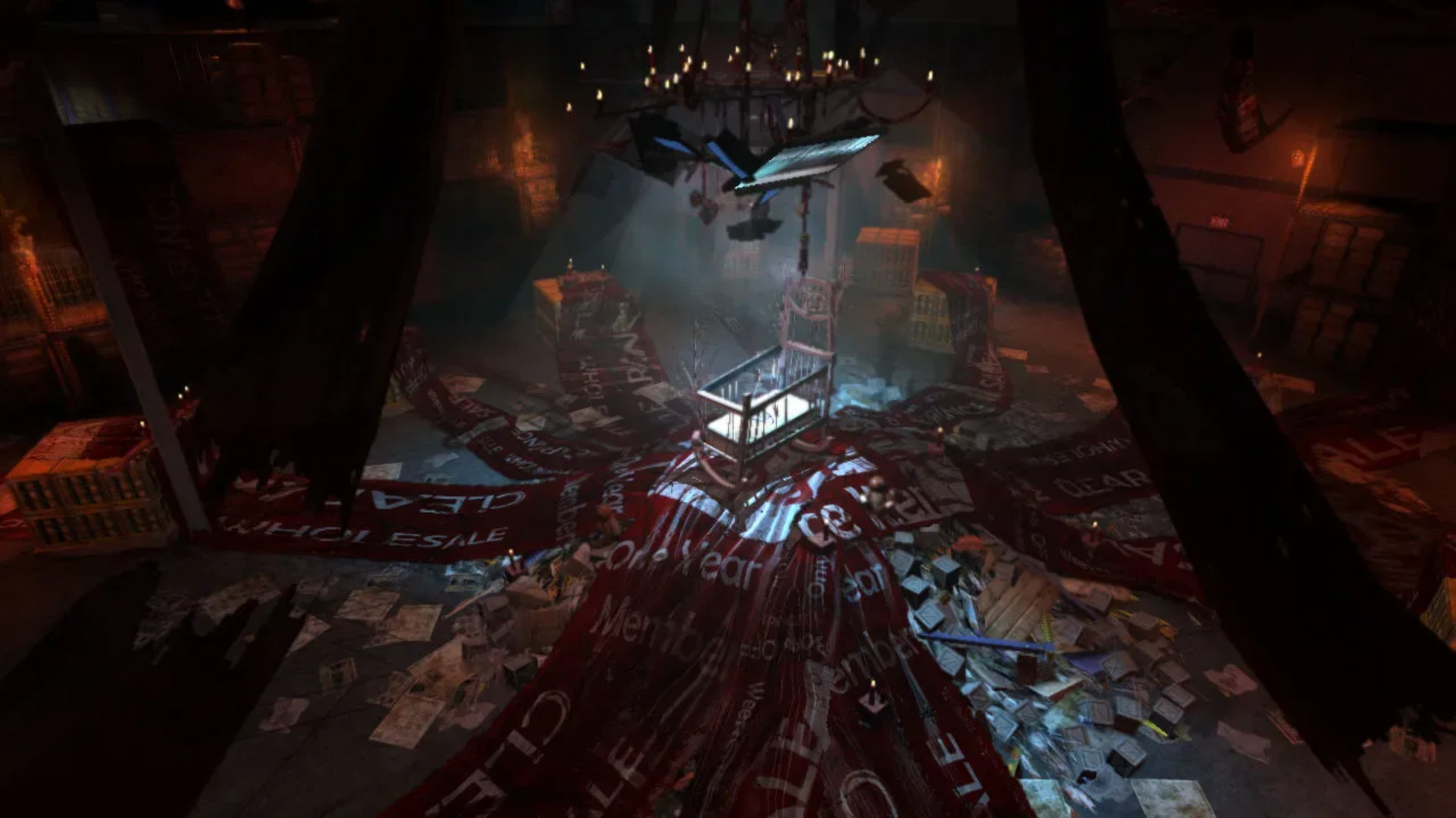 A bloody room with a crib in it