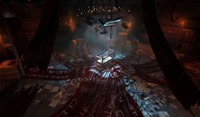 A bloody room with a crib in it