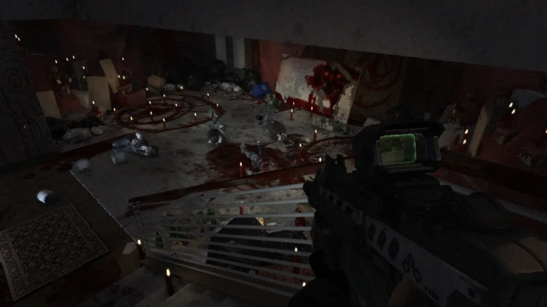 A dark room with blood on the floor