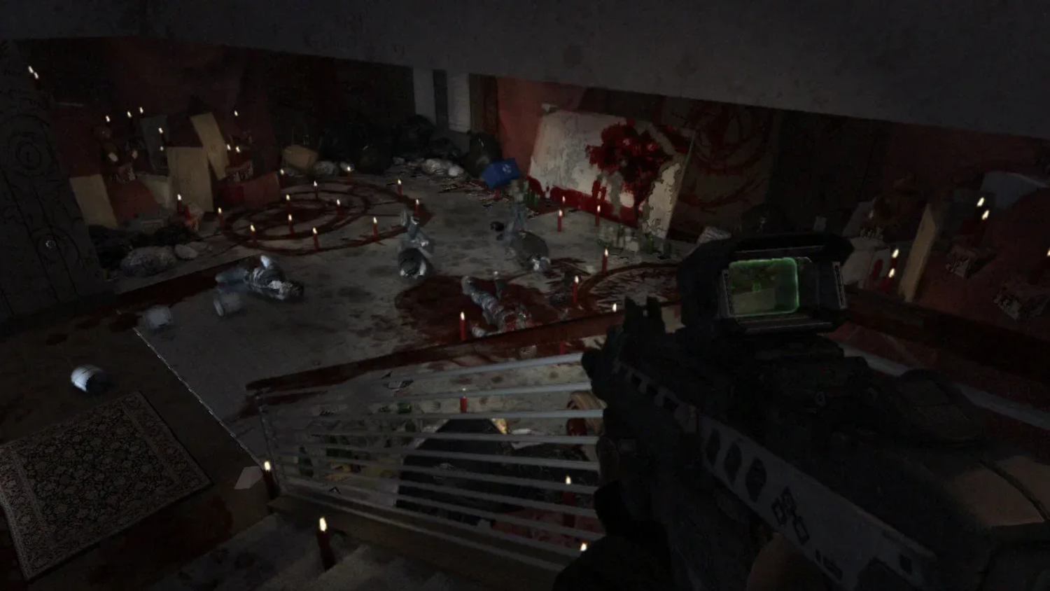 A dark room with blood on the floor