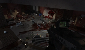 A dark room with blood on the floor
