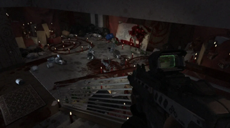 A dark room with blood on the floor