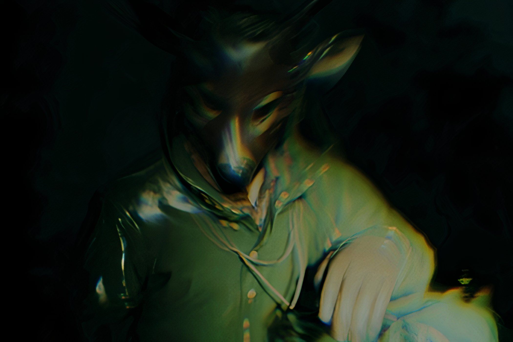 An image from the game Alan Wake II, showing a person in a green overcoat and brown leather gloves wearing a deer mask.