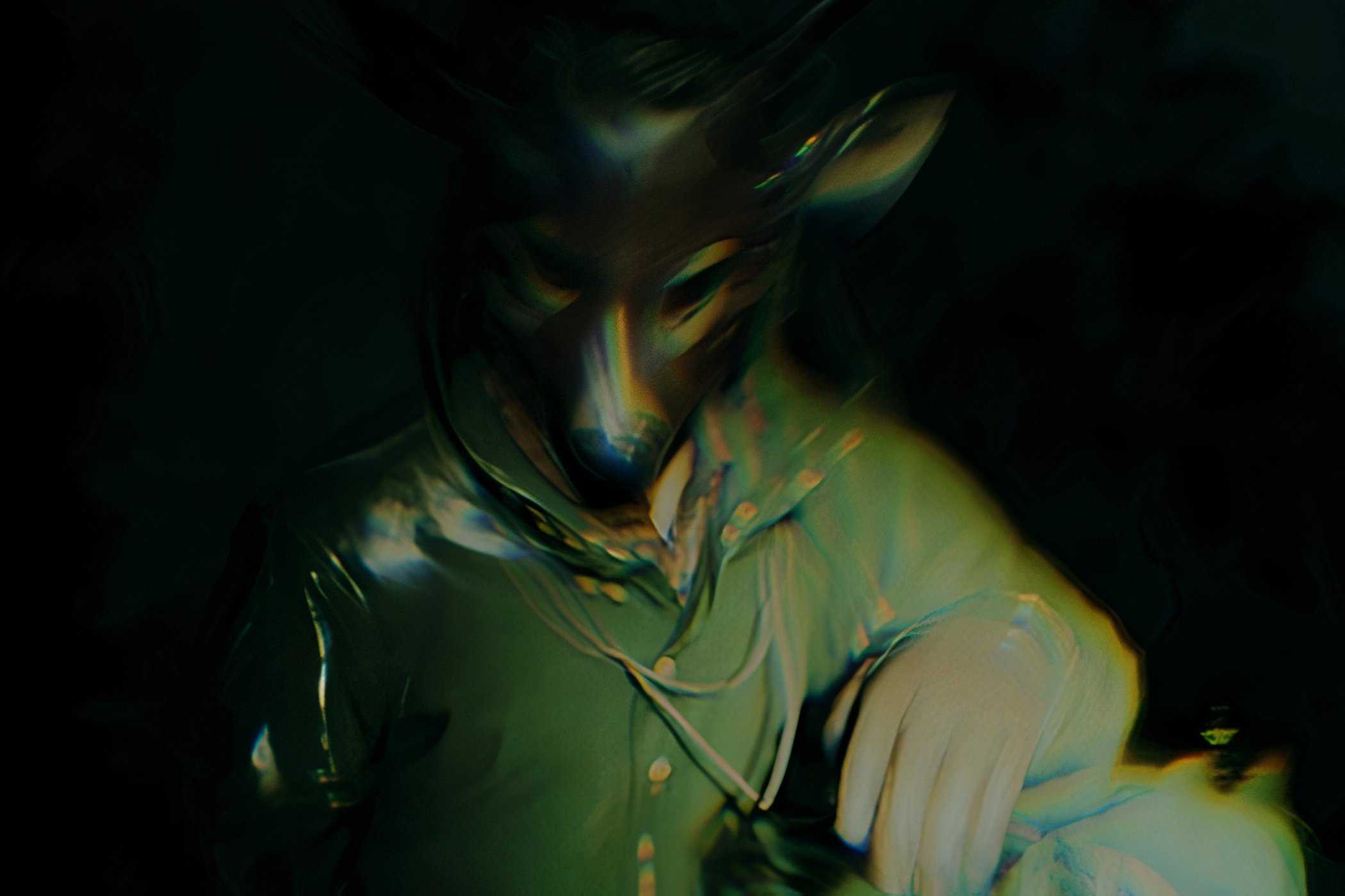 An image from the game Alan Wake II, showing a person in a green overcoat and brown leather gloves wearing a deer mask.