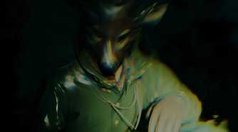 An image from the game Alan Wake II, showing a person in a green overcoat and brown leather gloves wearing a deer mask.