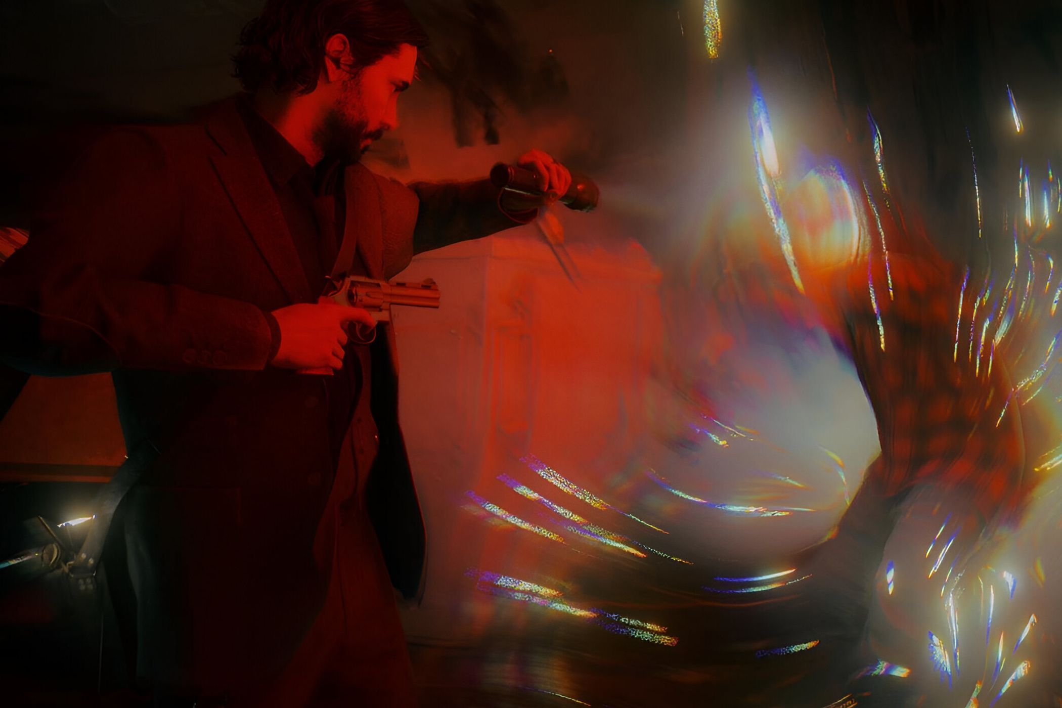 An image from the game "Alan Wake 2", showing a man aiming a flashlight at a disintegrating hostile.