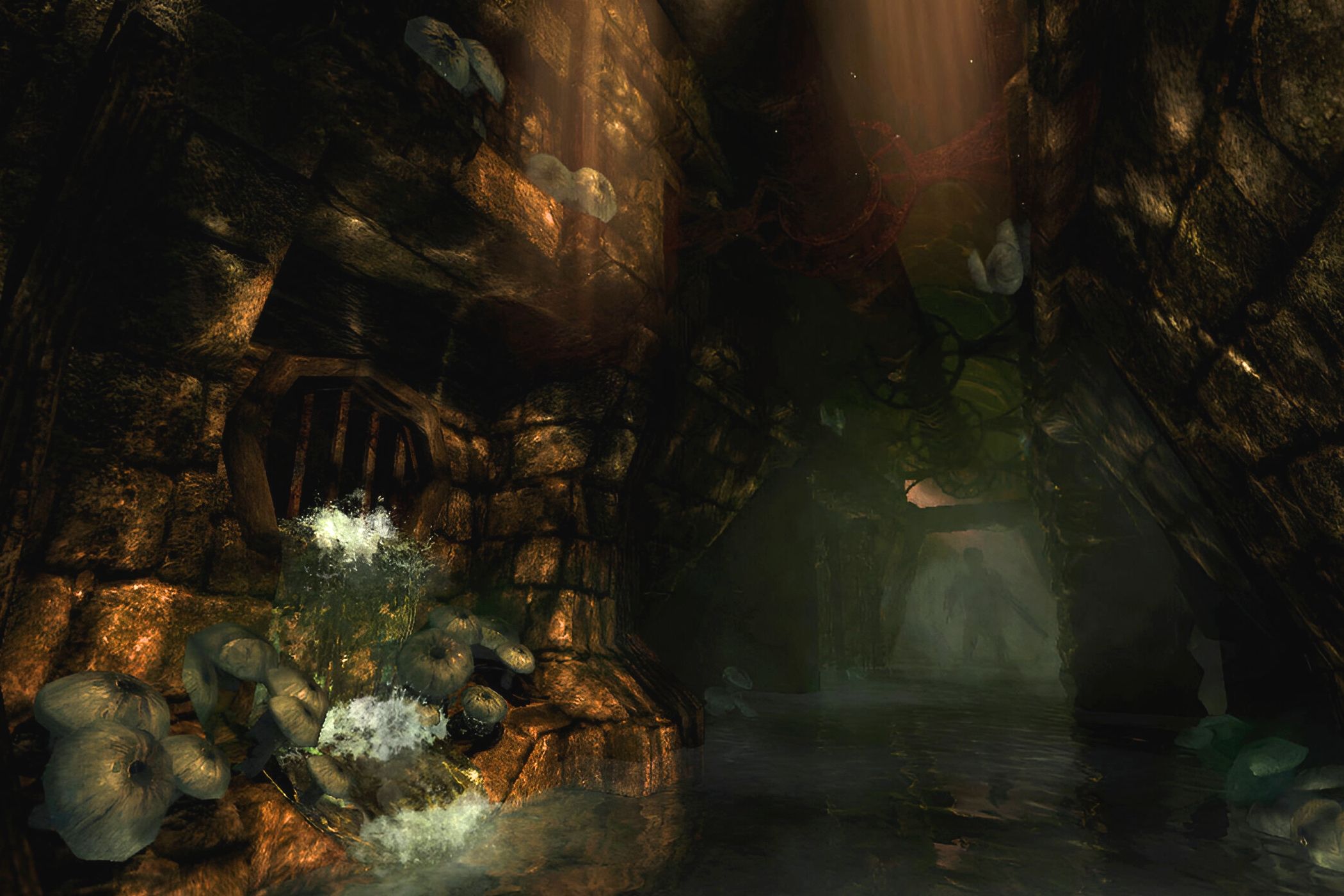 A screenshot from the game Amnesia: The Dark Descent, showing an underground cover with water.