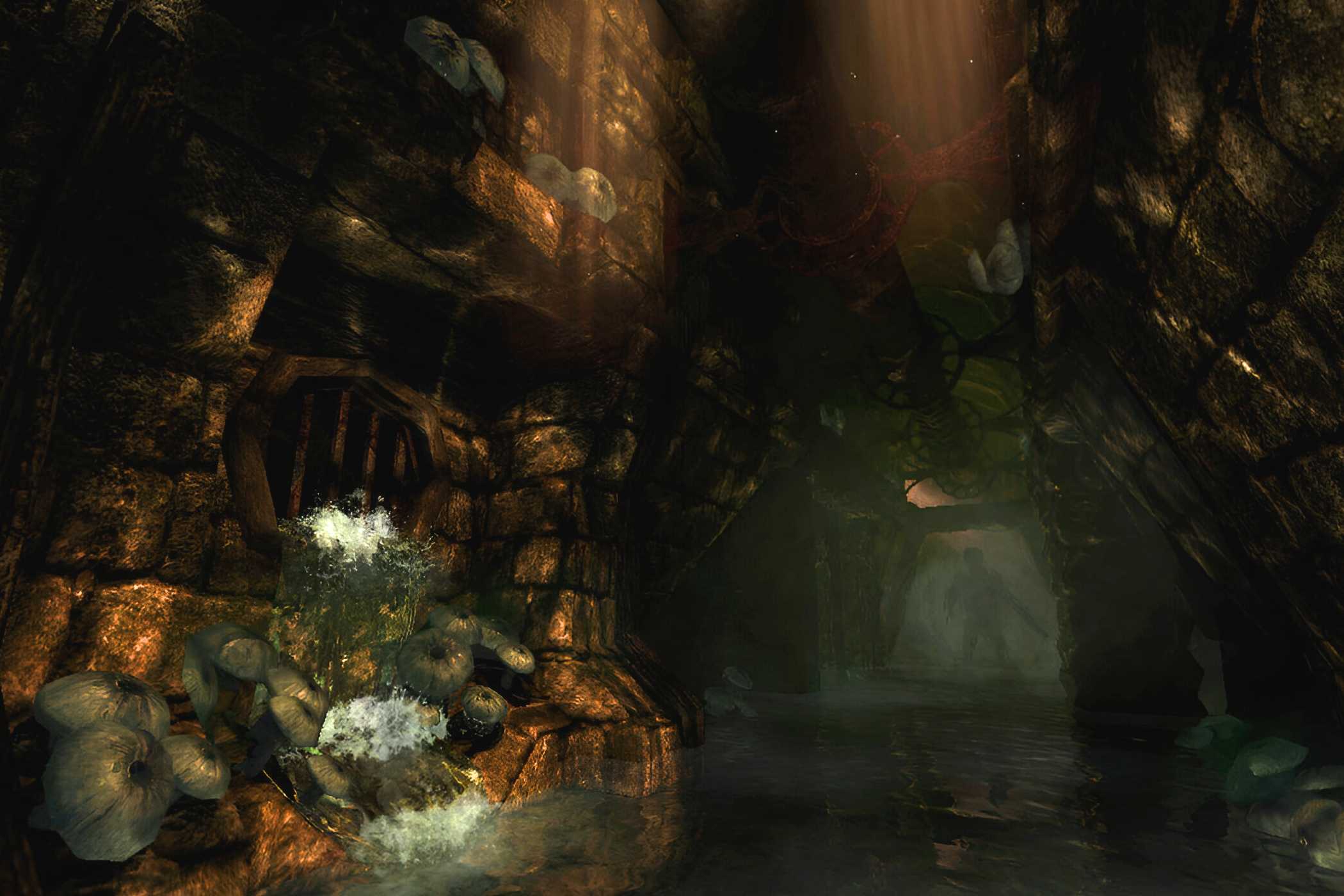 A screenshot from the game Amnesia: The Dark Descent, showing an underground cover with water.