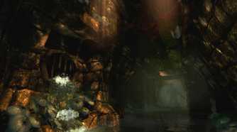 A screenshot from the game Amnesia: The Dark Descent, showing an underground cover with water.