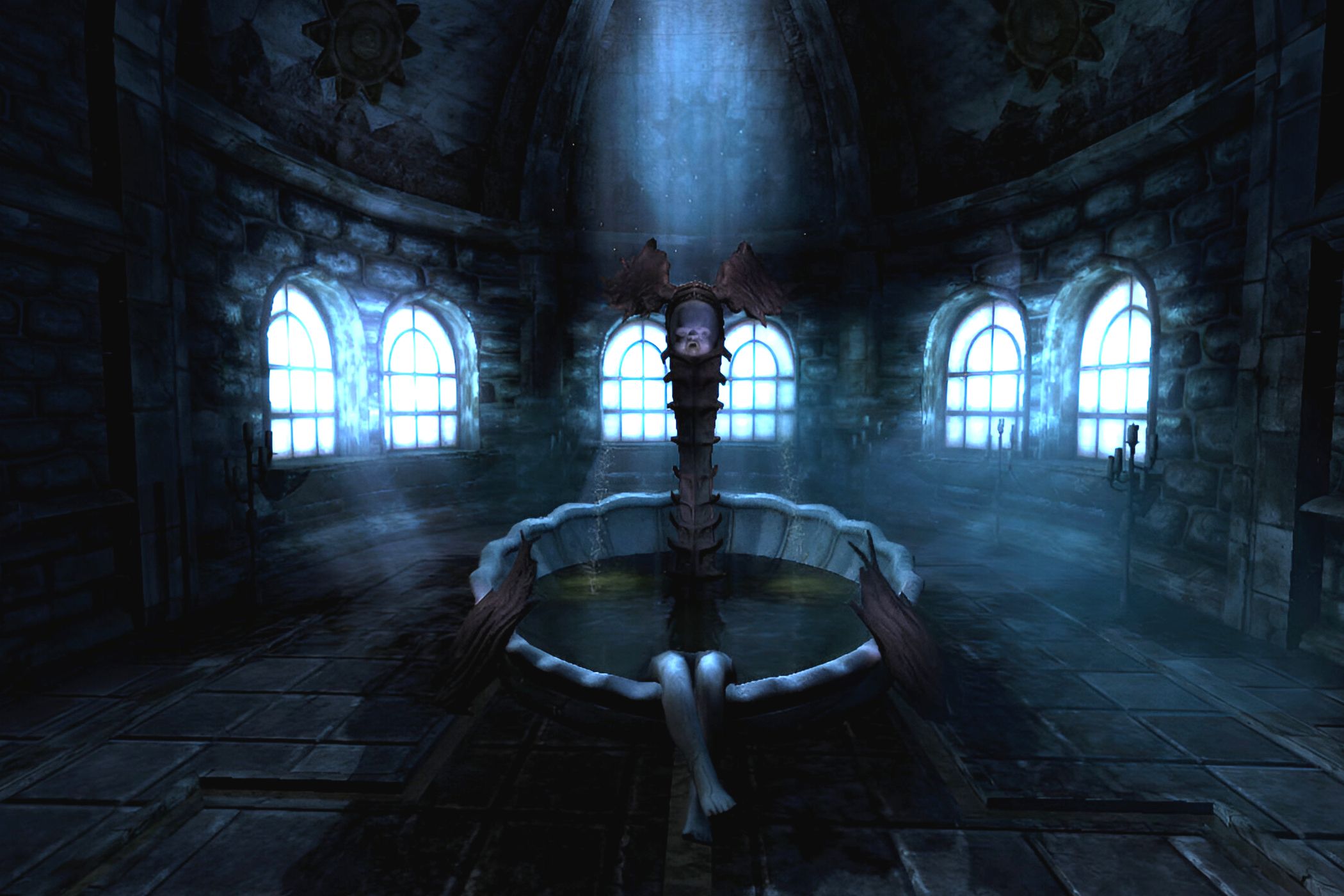 A screenshot from the game Amnesia: The Dark Descent, showing a fountain.