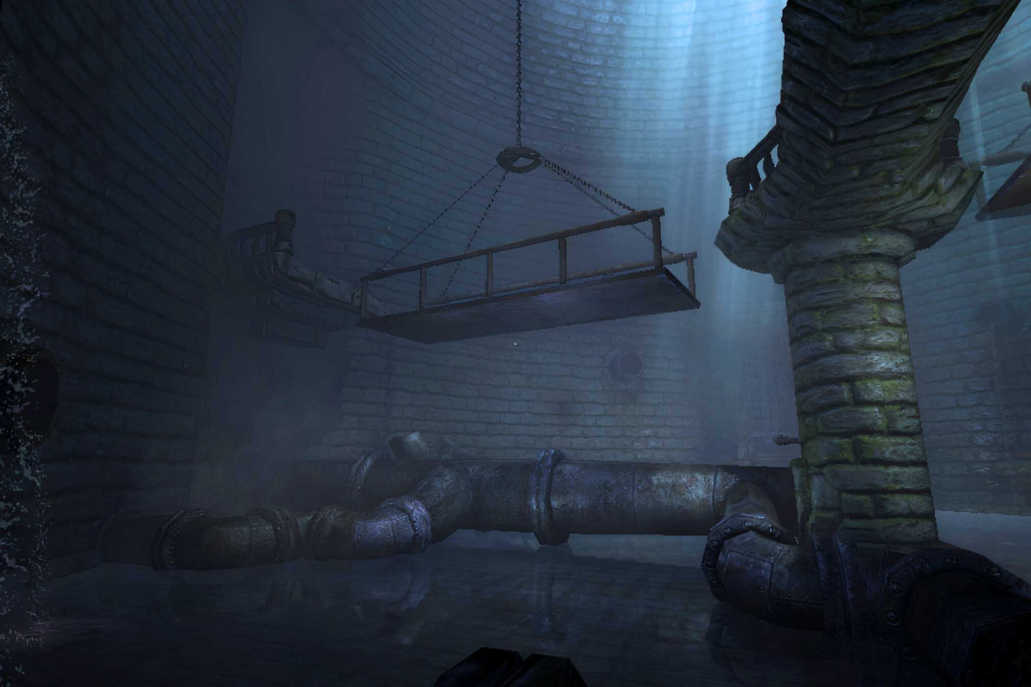 A screenshot from the game Amnesia: The Dark Descent, showing a metal ramp hanging.