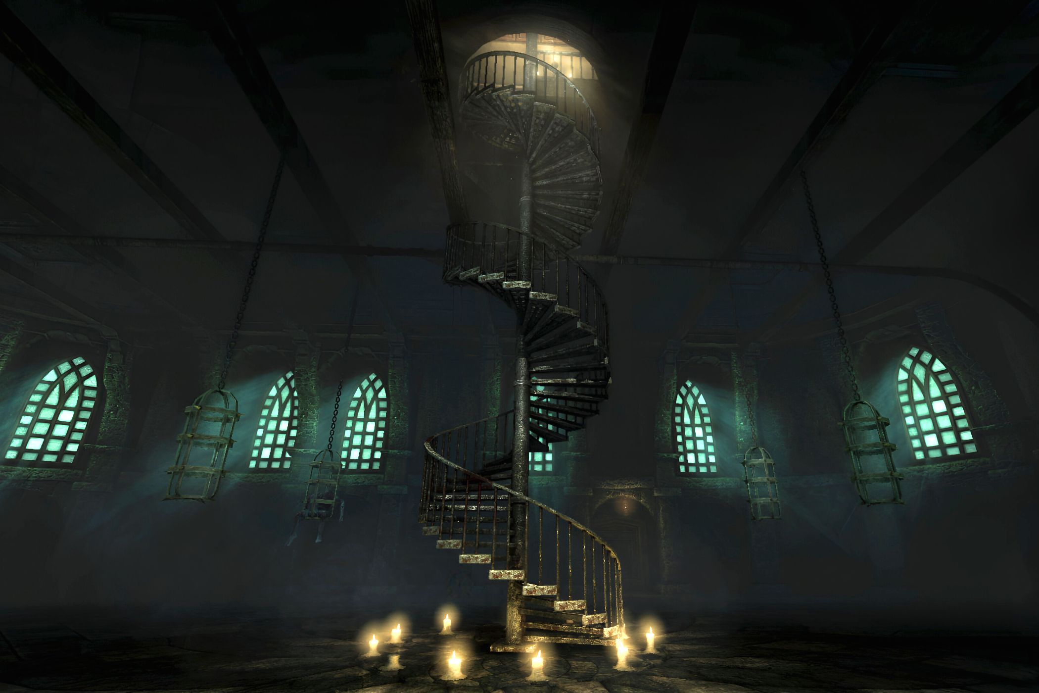 A screenshot from the game Amnesia: The Dark Descent, showing a spiral staircase.