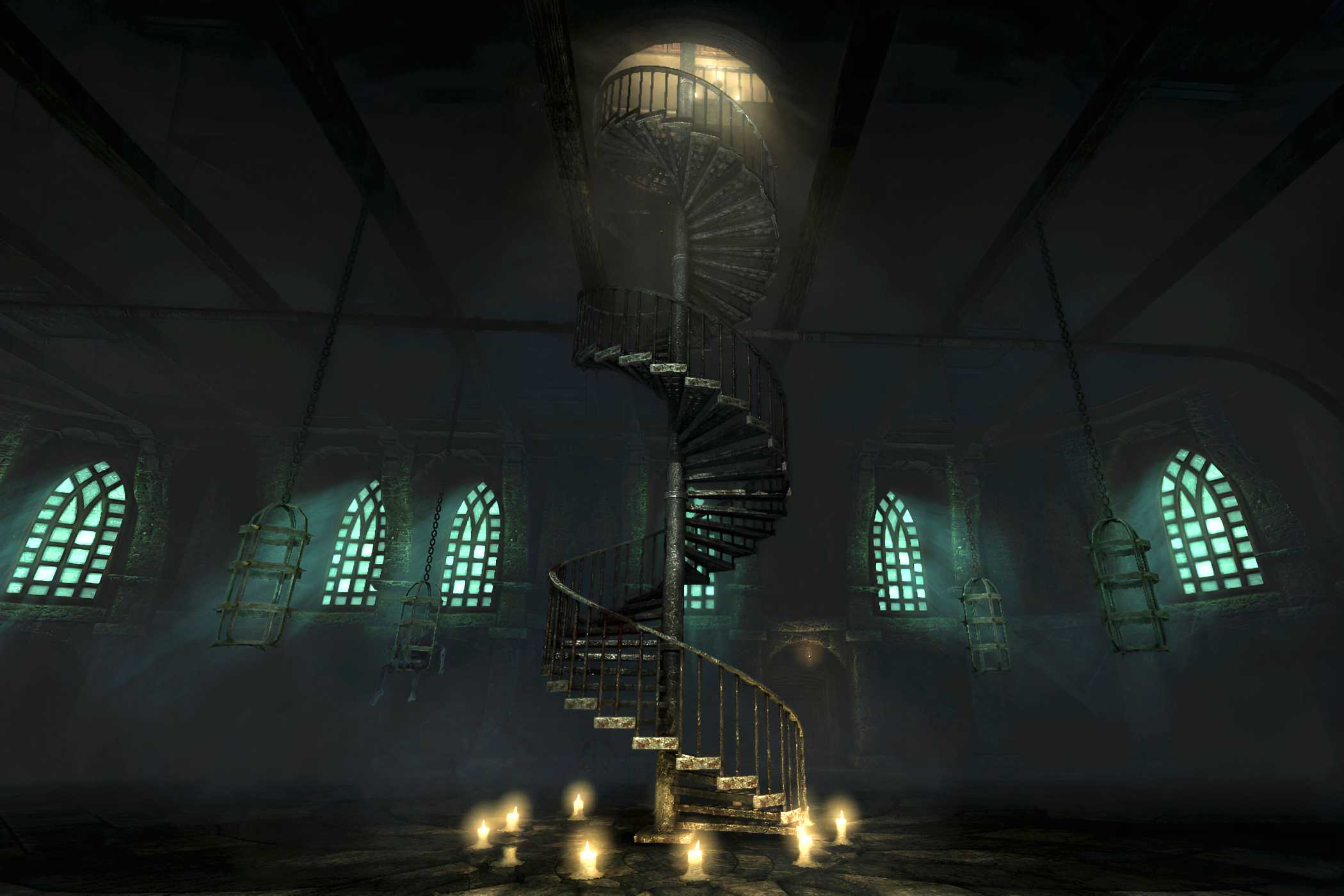 A screenshot from the game Amnesia: The Dark Descent, showing a spiral staircase.