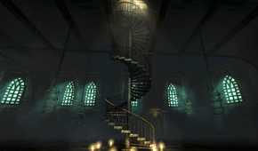 A screenshot from the game Amnesia: The Dark Descent, showing a spiral staircase.