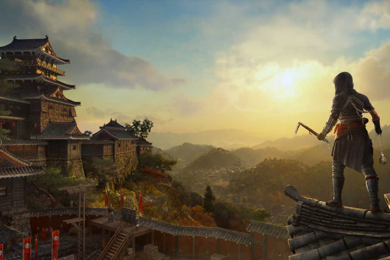 A screenshot from Assassin's Creed Shadows, showing the protagonist Naoe holding a Kusarigama.