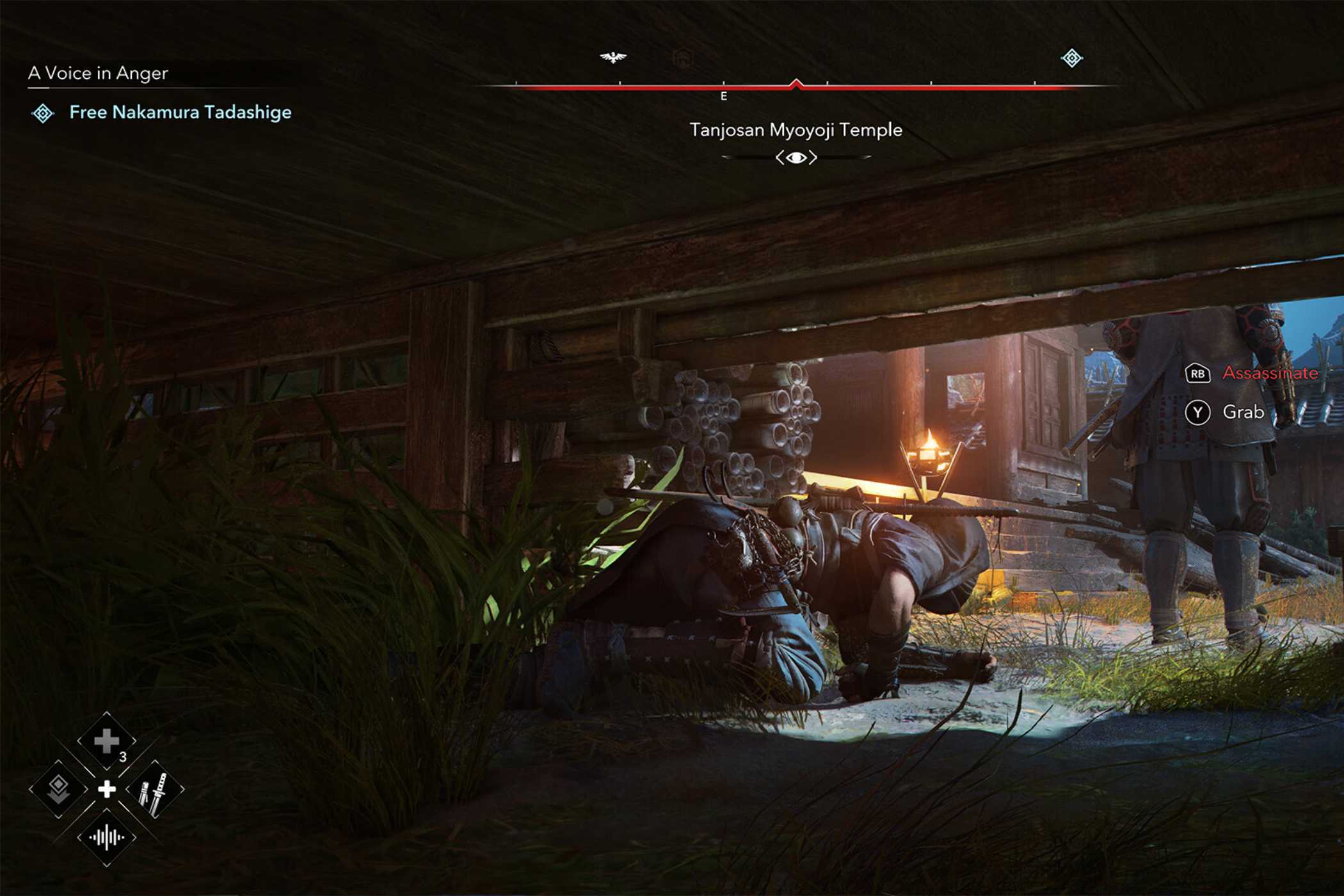 A screenshot from Assassin's Creed Shadows, showing Naoe, the protagonist, sneaking around while prone.