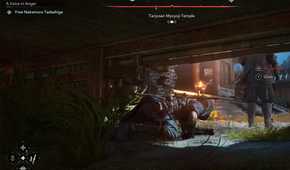 A screenshot from Assassin's Creed Shadows, showing Naoe, the protagonist, sneaking around while prone.