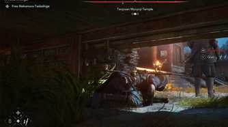 A screenshot from Assassin's Creed Shadows, showing Naoe, the protagonist, sneaking around while prone.