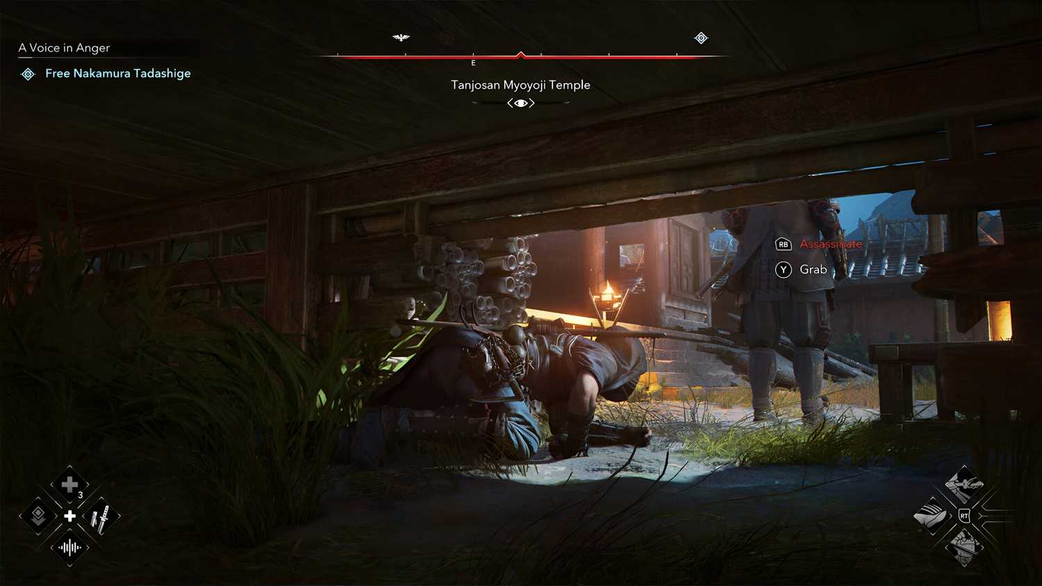 A screenshot from Assassin's Creed Shadows, showing Naoe, the protagonist, in a prone position as she sneaks up behind an enemy.