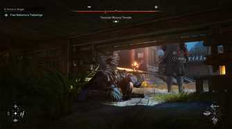 A screenshot from Assassin's Creed Shadows, showing Naoe, the protagonist, in a prone position as she sneaks up behind an enemy.