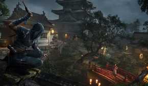 A screenshot from Assassin's Creed Shadows, showing the protagonist Naoe sneaking around in a temple at night.