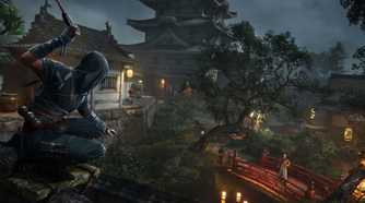 A screenshot from Assassin's Creed Shadows, showing the protagonist Naoe sneaking around in a temple at night.
