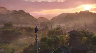 A screenshot from Assassin's Creed Shadows, showing the protagonist Naoe perched atop a tall pillar, taking in the mountainside.