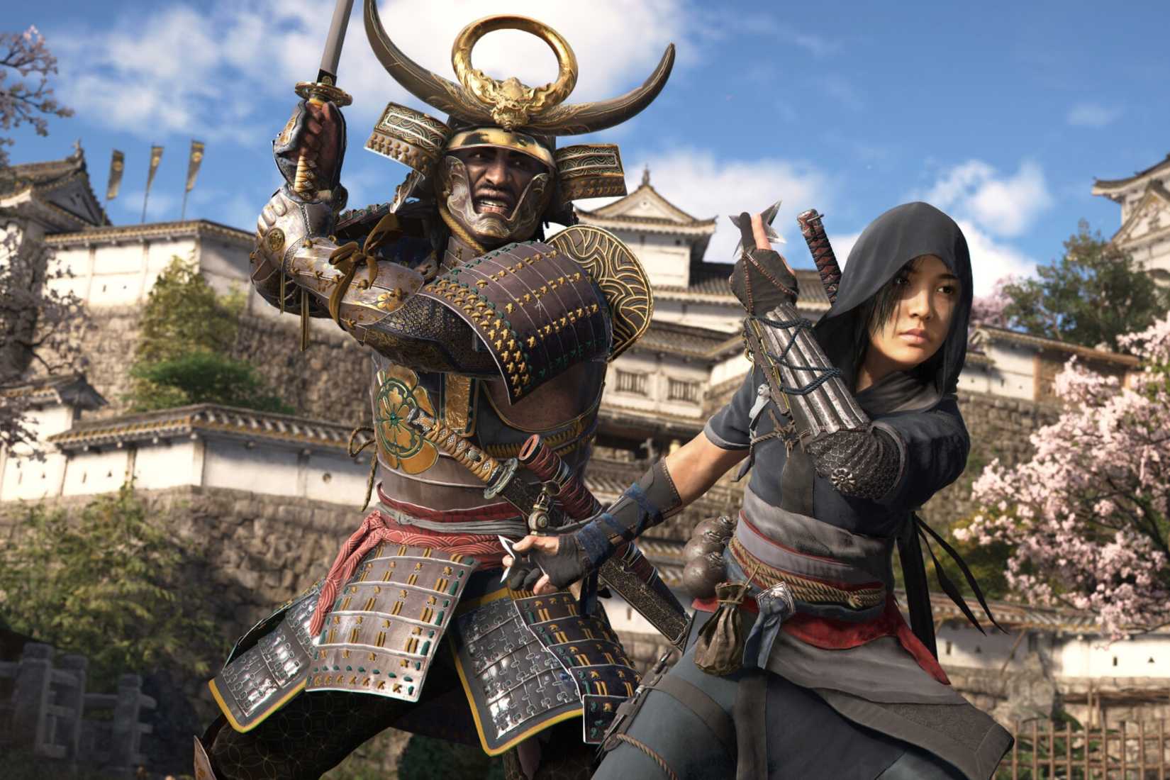 A screenshot from Assassin's Creed Shadows, showing Yasuke and Naoe, the dual protagonists of the game.
