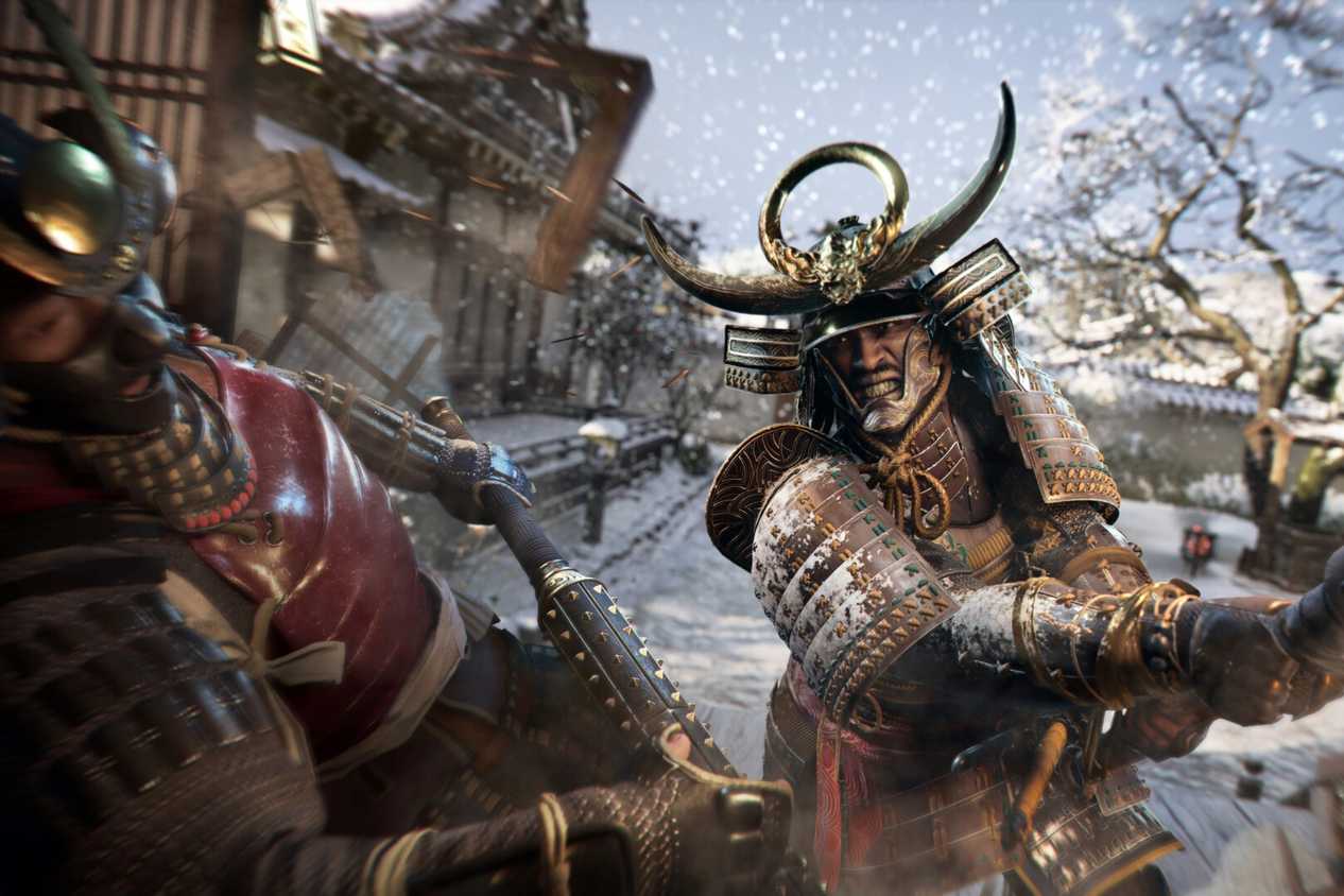 A screenshot from Assassin's Creed Shadows, showing Yasuke, the secondary protagonist of the game, hitting a foe with a heavy weapon.