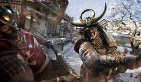 A screenshot from Assassin's Creed Shadows, showing Yasuke, the secondary protagonist of the game, hitting a foe with a heavy weapon.