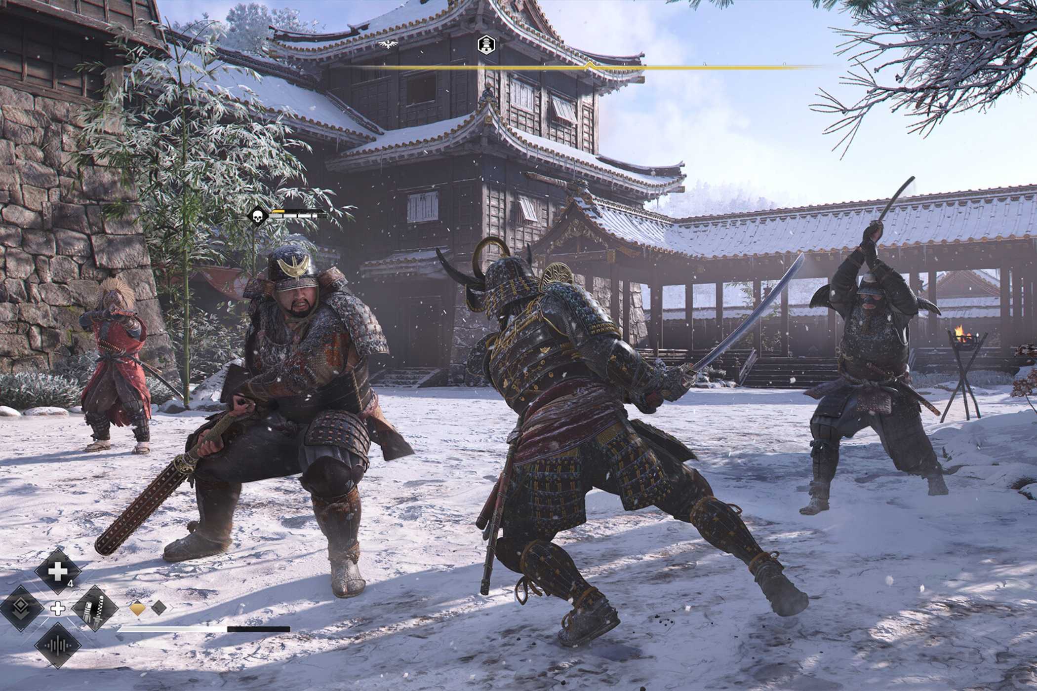 A screenshot from Assassin's Creed Shadows, showing Yasuke, the secondary protagonist, combat three men in the snow.