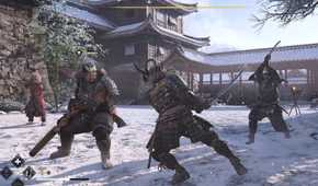 A screenshot from Assassin's Creed Shadows, showing Yasuke, the secondary protagonist, combat three men in the snow.