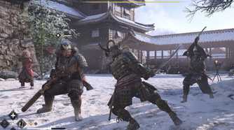 A screenshot from Assassin's Creed Shadows, showing Yasuke, the secondary protagonist, combat three men in the snow.