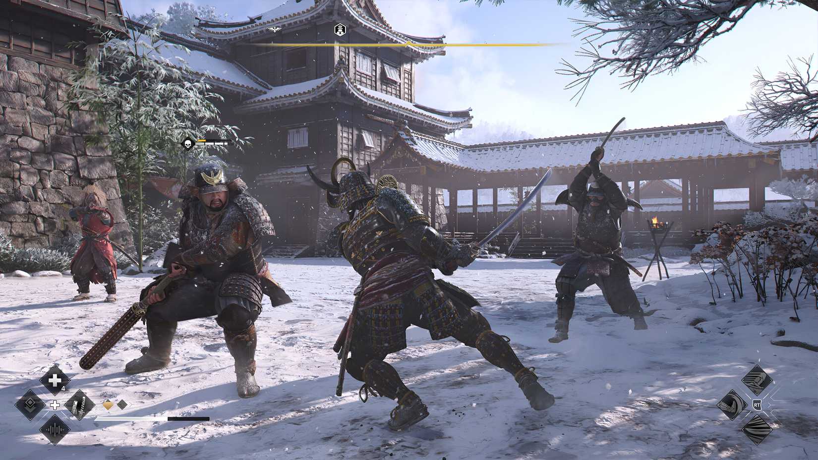 A screenshot from Assassin's Creed Shadows, showing Yasuke, the protagonist, engage in combat with three men in the snow.