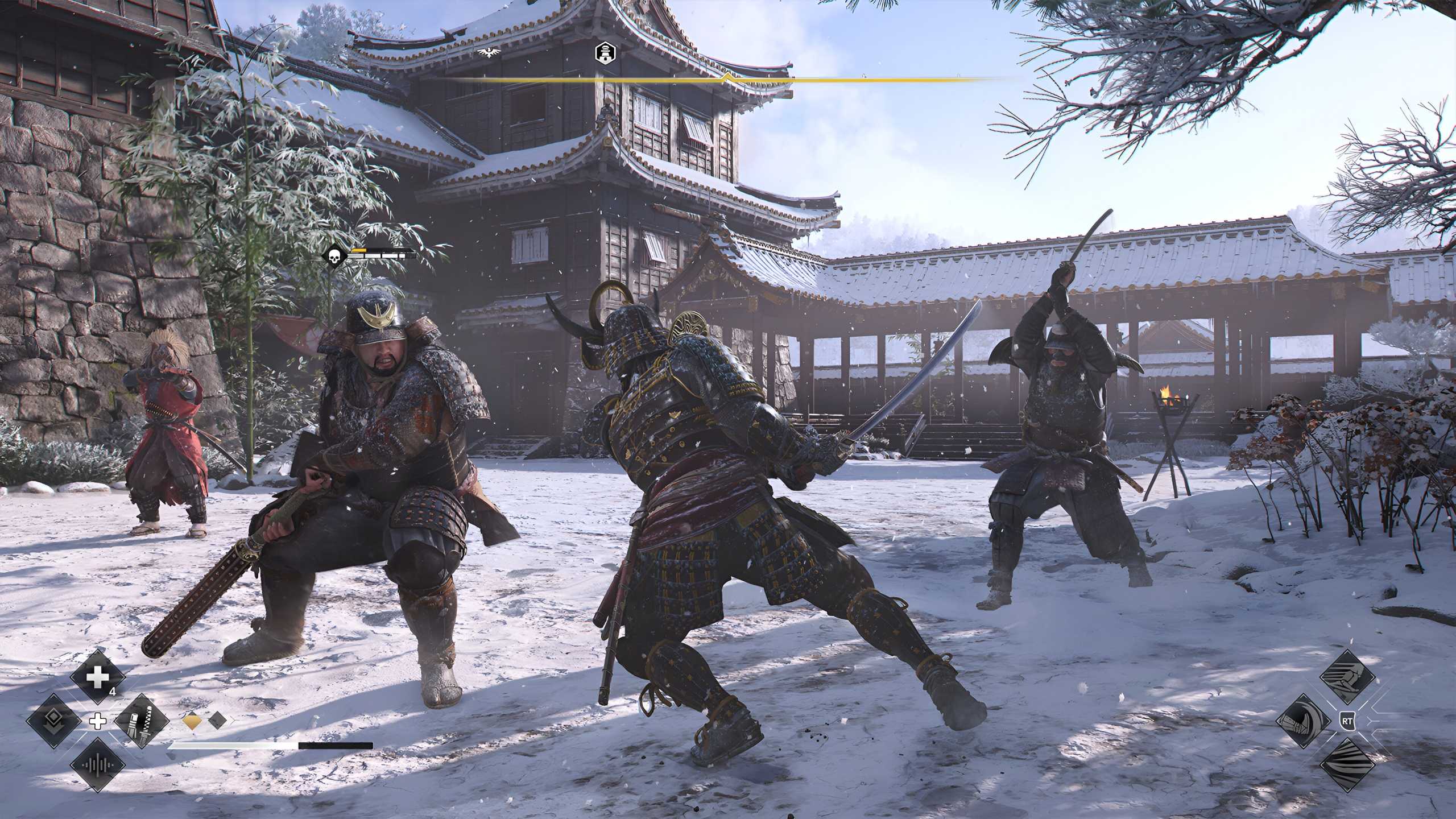 A screenshot from Assassin's Creed Shadows, showing Yasuke, the protagonist, engage in combat with three men in the snow.