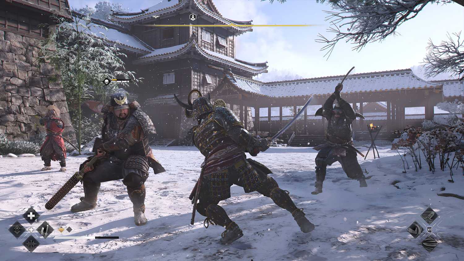 A screenshot from Assassin's Creed Shadows, showing Yasuke, the protagonist, engage in combat with three men in the snow.
