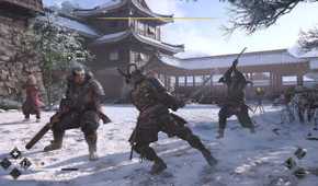 A screenshot from Assassin's Creed Shadows, showing Yasuke, the protagonist, engage in combat with three men in the snow.