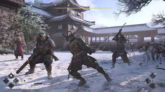 A screenshot from Assassin's Creed Shadows, showing Yasuke, the protagonist, engage in combat with three men in the snow.