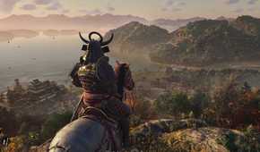 A screenshot from Assassin's Creed Shadows, showing Yasuke, the secondary protagonist, on horseback, looking over at a valley.