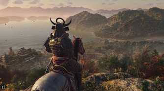 A screenshot from Assassin's Creed Shadows, showing Yasuke, the secondary protagonist, on horseback, looking over at a valley.
