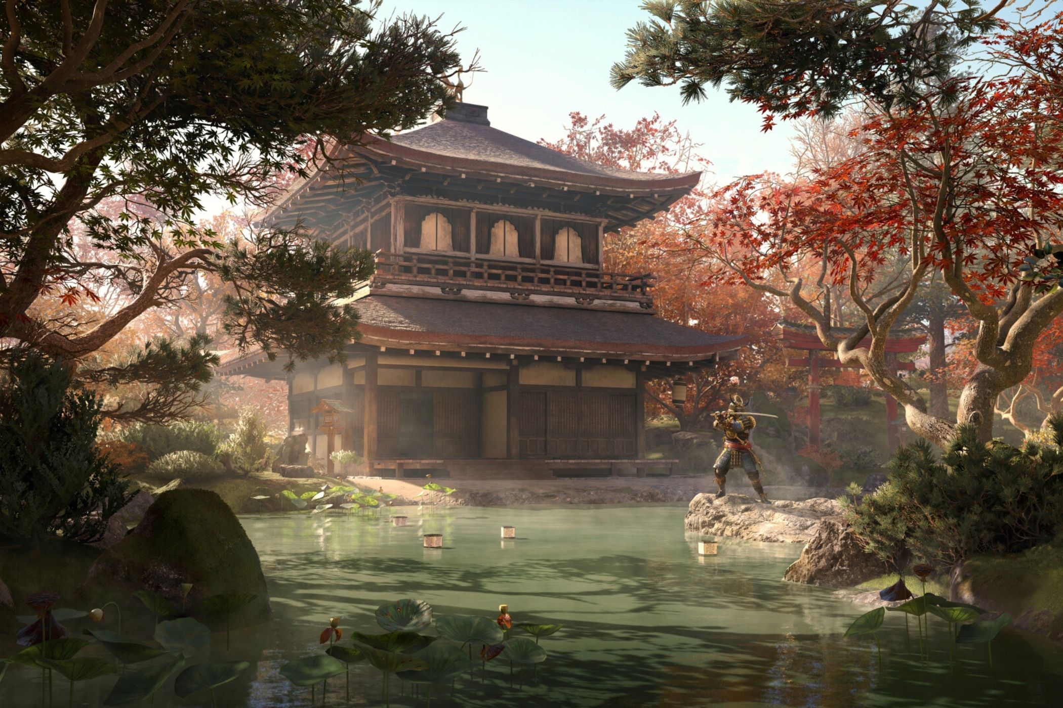 A screenshot from Assassin's Creed Shadows, showingYasuke, the secondary protagonist, training with his sword in the middle of a pond, in front of a temple.
